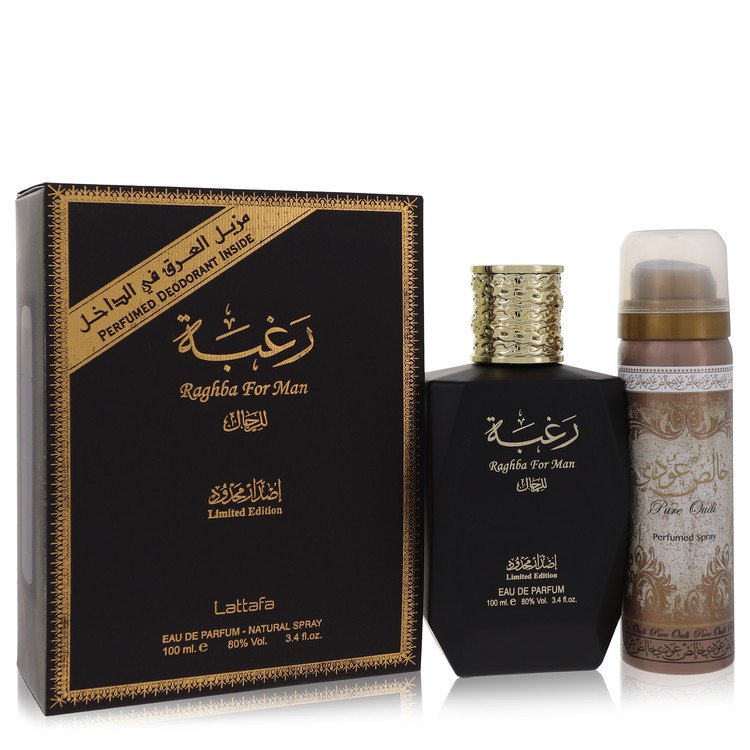 Lattafa Raghba Man Eau De Parfum Spray plus 1.7 oz Deodorant Spray By Lattafa 3.4 oz